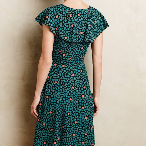 Anthropologie HD in Paris Dress Sz 0 Black Green Floral Faux Wrap ruffle V-neck - Picture 14 of 15